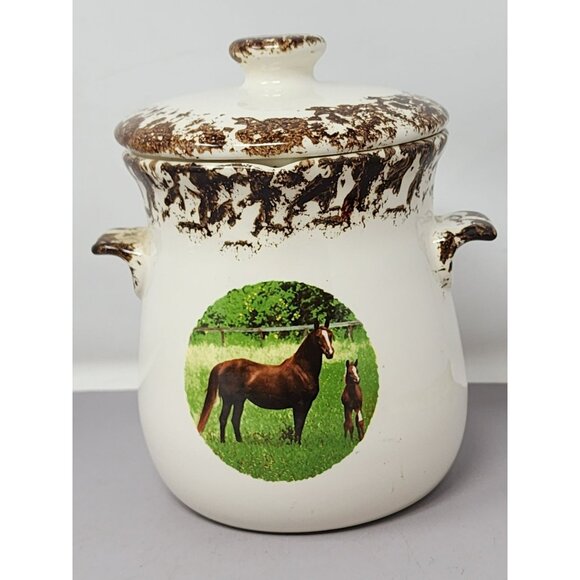 Vintage Ceramic Grease Jar With Strainer And Lid Horse Decal Kitchen Decor‎ - Picture 1 of 12